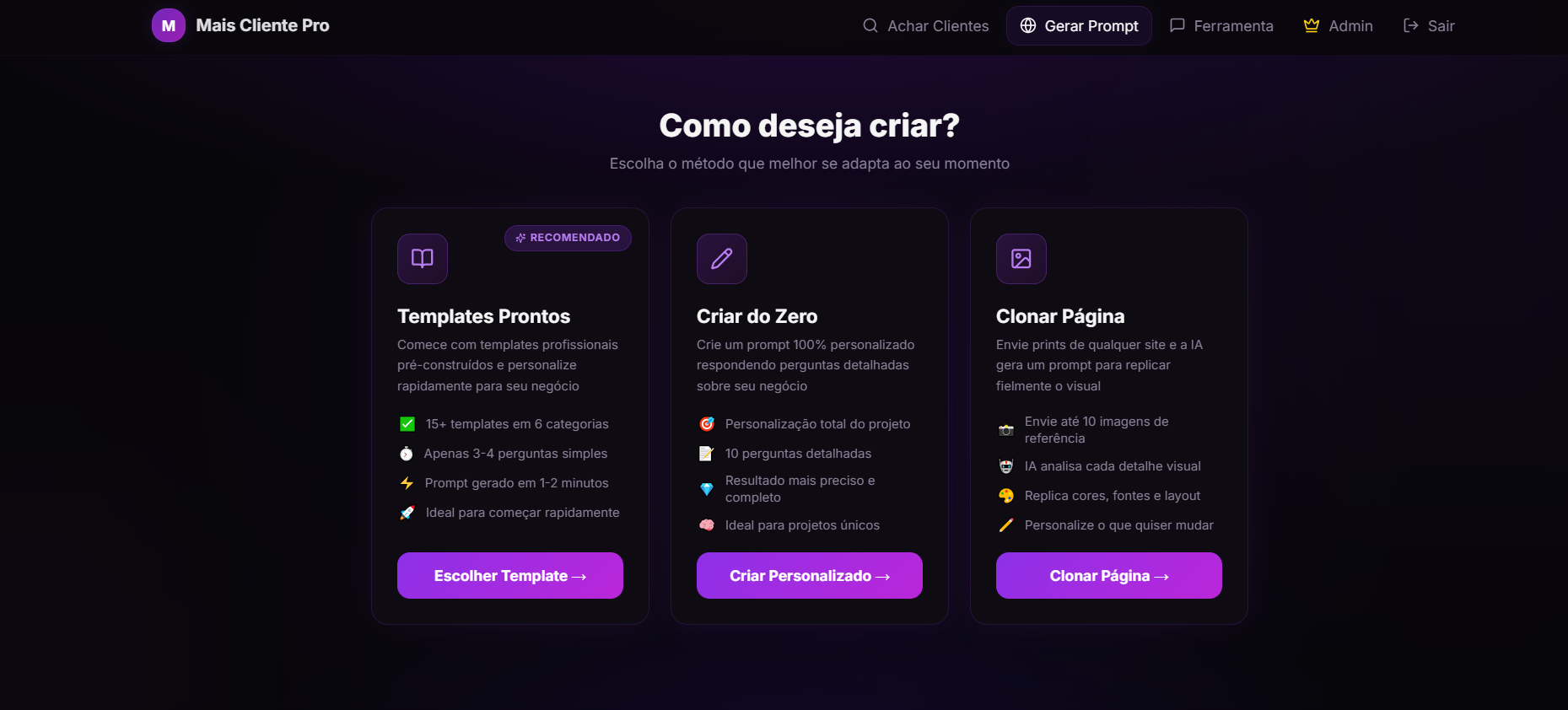 Como deseja criar — Templates, criar do zero ou clonar página