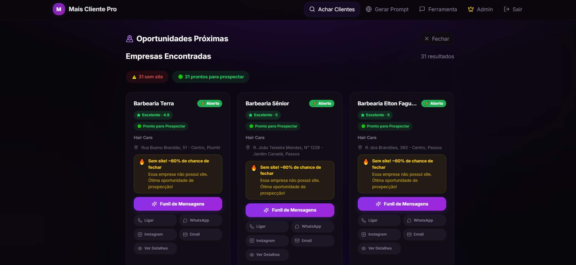 Oportunidades Próximas — Empresas prontas para prospectar